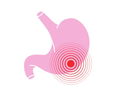 İnsan mide ağrısı sembolü. Mide ağrısı ikonu. Vektör çizimi. Beyaz arka planda izole edilmiş insan vücudu ağrısı..