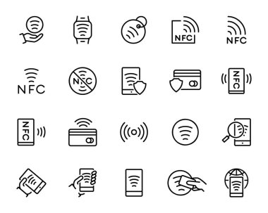 NFC simgeleri ayarlandı. Kablosuz ödeme, NFC teknolojisi, temassız ödeme ve daha fazlası. Beyaz arkaplanda izole.