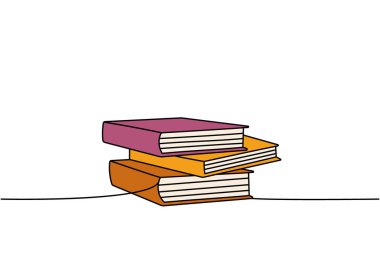 Kitap yığını bir satır renkli sürekli çizim. Kitapçı, kütüphane aralıksız tek satır renkli illüstrasyon. Vektör minimalist doğrusal çizim. Beyaz arkaplanda izole.