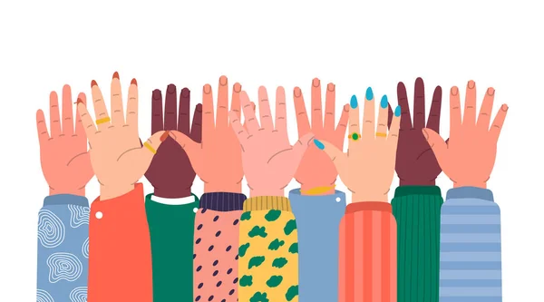 Σηκώστε Χέρια Σας Ανθρώπινα Χέρια Διαφορετικά Χρώματα Του Δέρματος Ανθρώπινα — Διανυσματικό Αρχείο