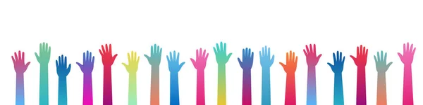 stock vector Set of hands raised up. Multicolor gradient hands raised up. Human hands with different colors. International volunteer community. Vector illustration isolated on white background.