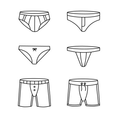 Moda iç çamaşırı koleksiyonu. İç çamaşırı taslak seti. Kadın ve erkek iç çamaşırı. Klasik boksörler, şortlar, bikini, ipler, tanga. Beyaz arkaplanda yalıtılmış mayo çizgisi simgeleri