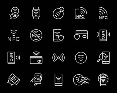 NFC ödeme ikonları seti. Kablosuz ödeme, saha iletişimi, NFC, temassız ödeme ve daha fazlası. Siyah arkaplanda izole.