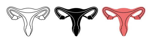 女性の生殖システムのシンボルのセット 黒と細い線のスタイルで人間の生殖システムのアイコン ベクトルイラスト 白い背景に孤立したヒトの臓器のアイコン — ストックベクタ