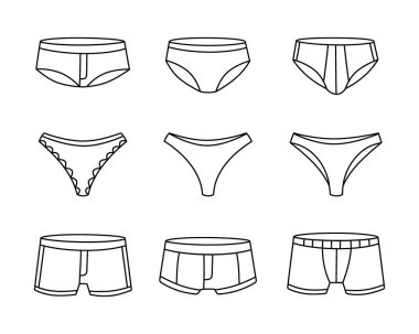 İç çamaşırı taslak seti. Kadın ve erkek iç çamaşırı. Kişisel iç çamaşırı giysisi. Klasik boksörler, şortlar, bikini, ipler, tanga. Beyaz arkaplanda yalıtılmış mayo çizgisi simgeleri