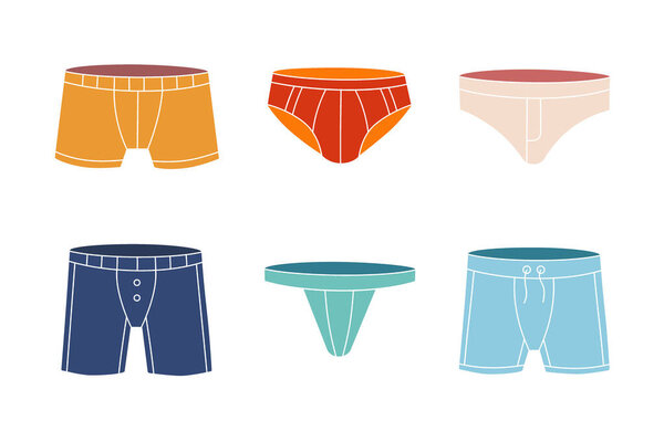 Collection fashion lingerie. Colorful underpants. Woman and men underpants. Swimming underwear design. Classic boxers, trunks, bikini, strings, thong. Vector illustration.
