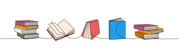 Книги Устанавливают Одну Линию Цветного Непрерывного Рисунка Книжный Магазин Библиотека — стоковый вектор