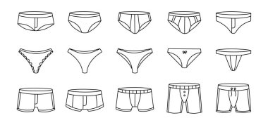 İç çamaşırı taslak seti. Kadın ve erkek iç çamaşırı. Kişisel iç çamaşırı giysisi. Klasik boksörler, şortlar, bikini, ipler, tanga. Beyaz arkaplanda yalıtılmış mayo çizgisi simgeleri