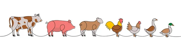Conjunto Animal Farm Colorido Uma Linha Desenho Contínuo Vaca Porco — Vetor de Stock