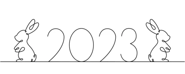 2023 Ano Com Coelhos Desenho Linha Ano Coelho Lebre Contínua — Vetor de Stock