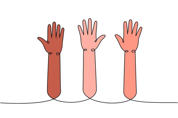 Händerna Upp Linje Färgad Kontinuerlig Ritning Applaud Händer Kontinuerlig Färgglada — Stock vektor