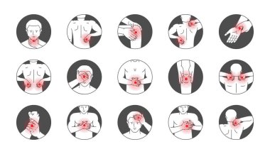 Farklı uzuvlarda ağrı ve yaralanma. Vücut ağrıları çizim seti. Kafa, boyun, omuz, diz, göğüs, karın, bilek, sırt, dirsek. Vektör illüstrasyonu beyaz arkaplanda izole edildi