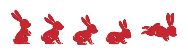Red Rabbits Set Bunny Symbols Hare Silhouette Farm Animal Icon — Stock Vector