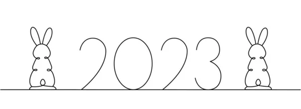 Coelhos Com 2023 Ano Desenho Linha Ano Coelho Lebre Contínua — Vetor de Stock