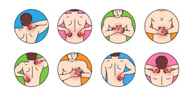 Vücut ağrıları çizim seti. İnsan vücudunda acı. Kafa, boyun, omuz, diz, göğüs, karın, bilek, sırt, dirsek. Vektör illüstrasyonu beyaz arkaplanda izole edildi