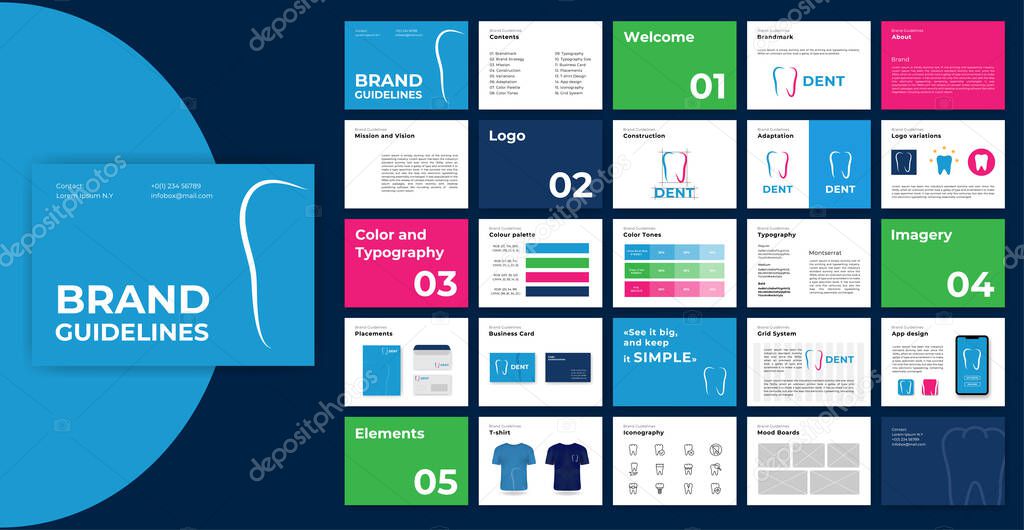 Multicolored Brand Guidelines template. Logo Guide Book. Corporate identity presentation. Logo Guideline template. Logotype presentation for dental clinic