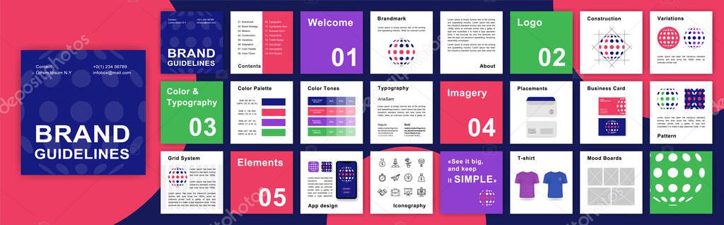Purple and Blue Brand Guidelines template. Corporate Guide line identity presentation. Logo Guideline template. Logo Guide Book. Logotype presentation for internet company.