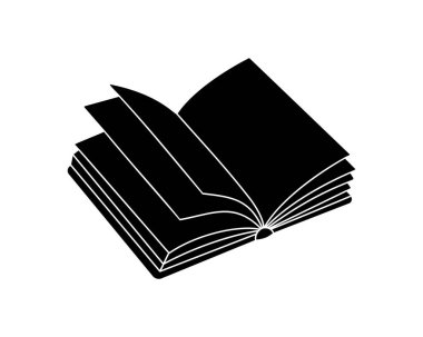 Açık kitap silueti. Eğitim sembolü. Kitap silueti. Kütüphane, kitapçı ikonu. Vektör illüstrasyonu beyaz arkaplanda izole edildi.