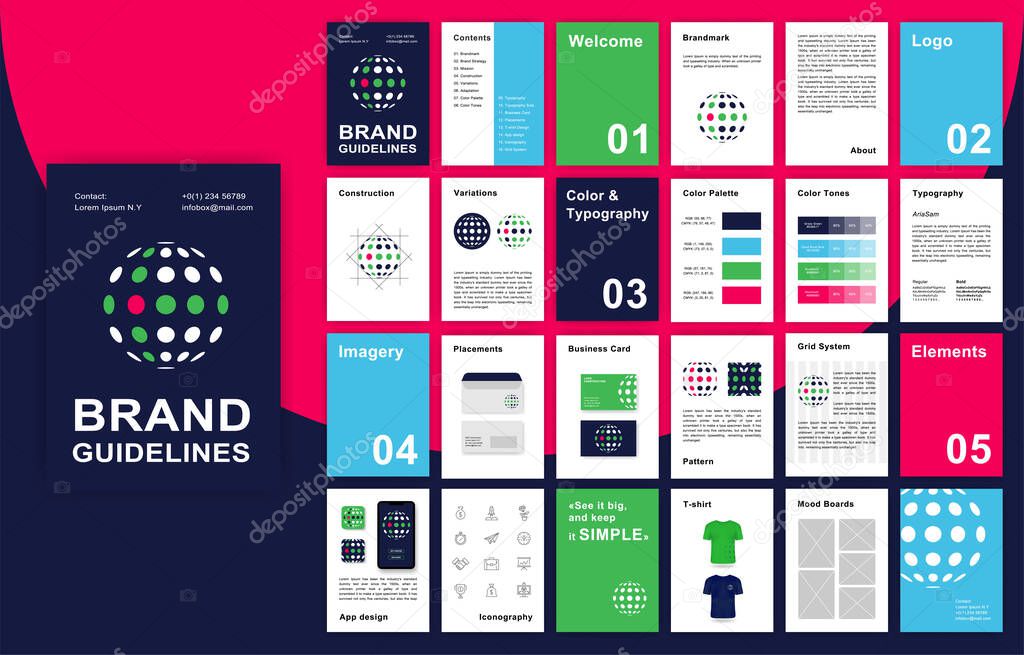 Multicolored Brand Guidelines template. Corporate identity presentation in A4 size. Logo Guideline template. Logo Guide Book. Logotype presentation for internet company.