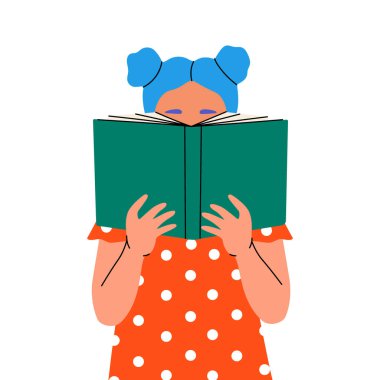 Young girl reading book. Read more. Illustration for bookstore, library, book shop. Educational, literature, knowledge. Vector illustration isolated on white background