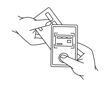 Card scanning for mobile banking payment. Smartphone with online transaction. Mobile banking app. E-payment. Wireless NFC payments. Vector in flat style illustration