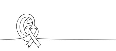 Human ear with ribbon one line continuous drawing. Cancer awareness ribbon, AIDS tape continuous one line illustration. Vector minimalist linear illustration. Isolated on white background.