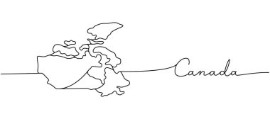 Canada - word with country silhouette one line. Minimalist drawing of phrase illustration. Canada country silhouette continuous one line illustration. Isolated on white background.