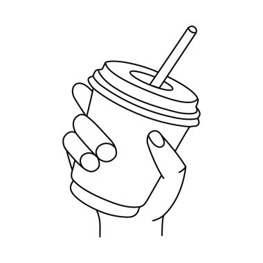 Human hand with tea mug cup. Breakfast time. Hand holding disposable coffee cup. Coffee break, breakfast, hot drinks. Vector illustration isolated on white background.