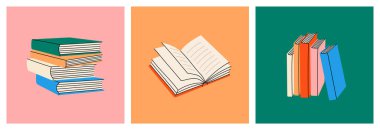 Kapalı ve açık kitapları olan renkli posterler. Kitapçı, kütüphane, kitapçı illüstrasyonu. Edebiyat, sözlükler, planlamacılar renkli arkaplanda izole edilmiş.