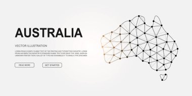 İniş sayfası için birbirine bağlı noktalarla Avustralya alçak poli sembolü. Avustralya harita tasarımı illüstrasyon konsepti. Web sitesi tasarımı ve dijital teknoloji konsepti için çokgen kıta silueti çizimi.