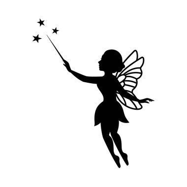 Peri silueti. Kanatlı küçük yaratık. Sihirli peri yaratık logosu. Beyaz arka planda izole giyinmiş efsanevi masal karakteri.