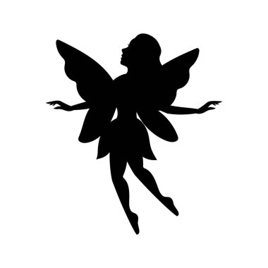 Uçan peri silueti. Kanatlı küçük yaratık. Sihirli peri logosu. Beyaz arka planda izole giyinmiş efsanevi masal karakteri.