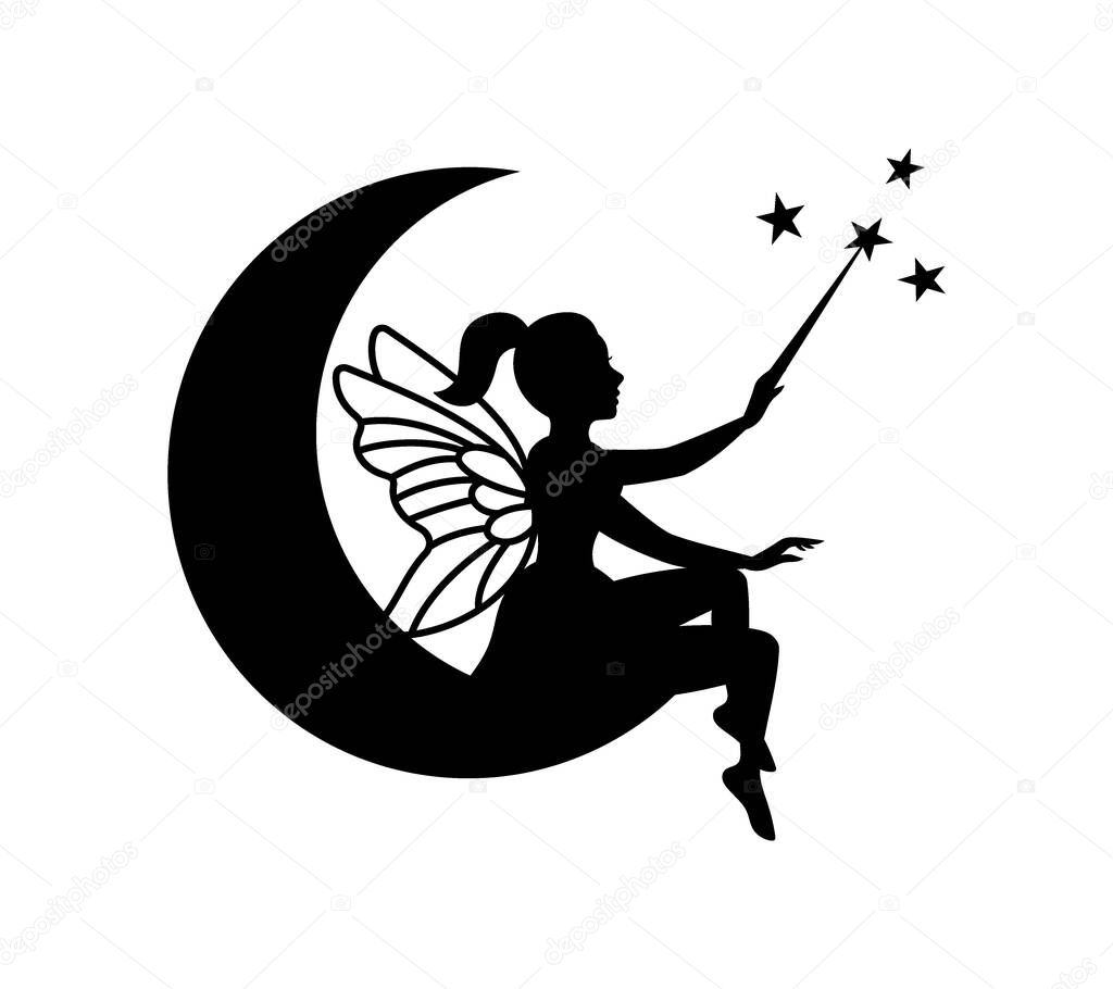 Fairy sitting on the moon silhouette. Little creature with wings. Magical fairy creature logo. Mythical tale character in dress isolated on white background.
