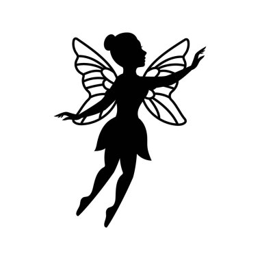 Magical fairy logo. Flying fairy silhouette. Mythical tale character. Little creature with wings in dress isolated on white background.