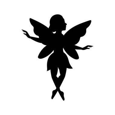 Fairy silhouette. Mythical tale character logo. Little creature with wings. Magical fairy in dress isolated on white background.