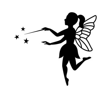 Fairy with a magic wand. Mythical tale character logo. Little creature with wings. Magical fairy in dress isolated on white background.