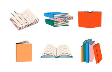 Colored books set. Stacks of textbooks for education. Bookstore, library, book shop symbols. Vector illustration isolated on white background