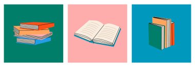 Colored posters with hand drawn closed and open books. Bookstore, library, book shop illustration. Literature, dictionaries, planners isolated on colored background. Library, book shop poster