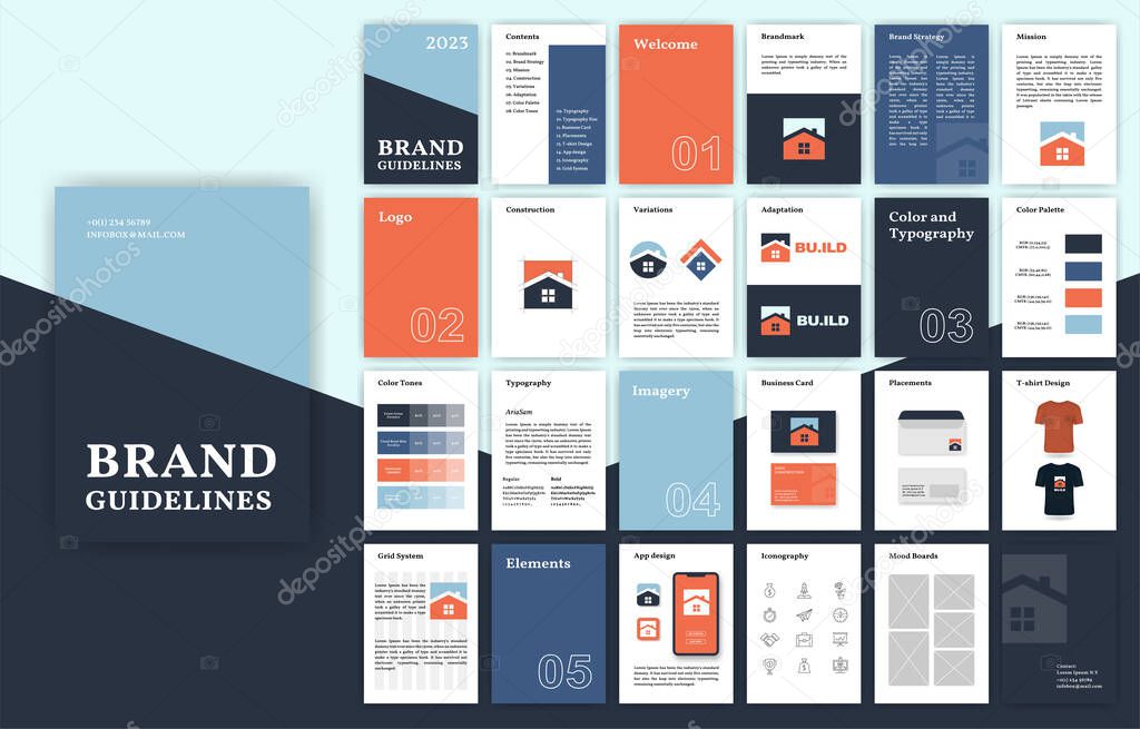 Multicolored Brand Guidelines template. Corporate identity presentation in A4 size. Logo Guideline template. Logo Guide Book. Logotype presentation for construction company.