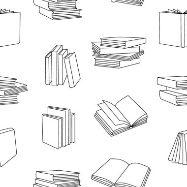 Books outline seamless pattern. Closed and open books line background. Literature, dictionaries, encyclopedias, planners hand drawn pattern. Vector illustration isolated on white background