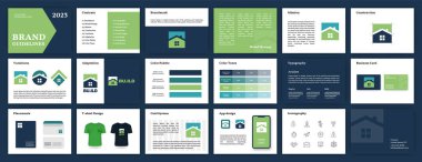 Blue and Green Brand Guidelines template. Brand Identity presentation. Logo Guideline template. Logo Guide Book. Logotype presentation for construction company.