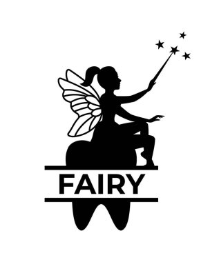 Fairy sitting on the tooth. Dental monogram. Little creature with wings. Magical tooth fairy creature logo. Mythical tale character isolated on white background.