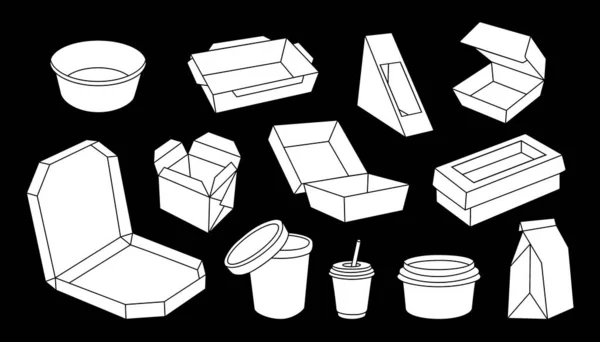 Set Takeaway Cardboard Boxes Sketch Empty Cardboard Boxes Takeaway Food — ストックベクタ