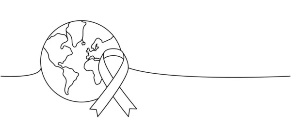 Earth Cancer Aid Ribbon One Line Continuous Drawing World Map — Wektor stockowy