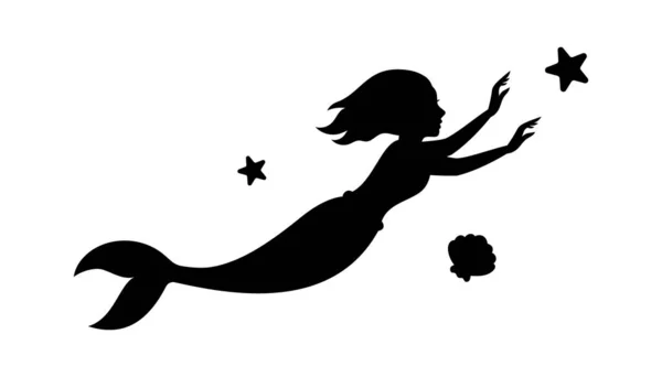 マーメイドブラックシルエット 尾を持つ小さな生き物 魔法の人魚のロゴ 白地に孤立した水の神話の登場人物 — ストックベクタ