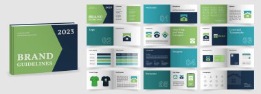 Multi-purpose Brand Guidelines template. Brand Manual presentation mockup. Green and Blue Logo Guideline template. Logo Guide Book layout. Logotype presentation for construction company.