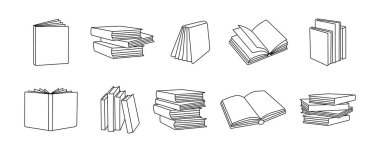 Books outline sketch set. Bookstore, library line symbols. Pile of book silhouettes. Closed and open books. Library, book shop icons. Vector illustration isolated on white background.