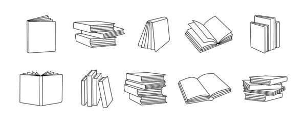 Libros Bosquejo Bosquejo Conjunto Librería Símbolos Línea Biblioteca Montón Siluetas — Vector de stock