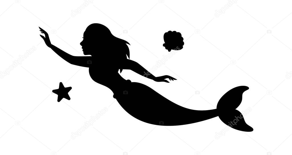 Swimming mermaid silhouette. Little creature with tail black symbol. Magical mermaids and siren logo. Mythical tale character in water isolated on white background.