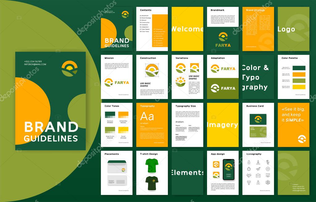 Colored Brand Guidelines template. Corporate identity presentation in A4 size. Logo Guideline template. Logo Guide Book. Logotype presentation for agro company.